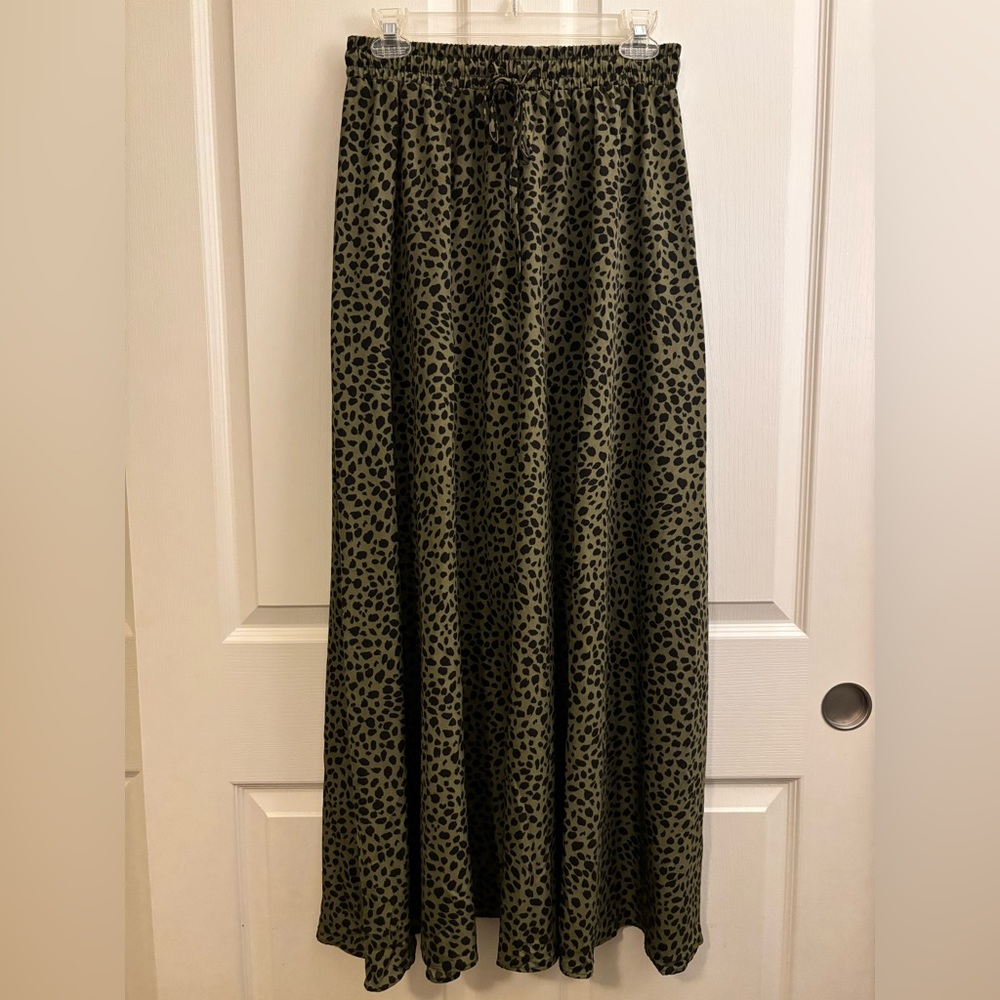 Dark green animal print maxi skirt, wide elastic waistband